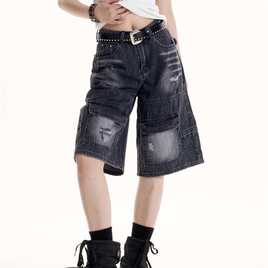 Women's Retro Hot Girl Ripped Design Denim Middle Pants