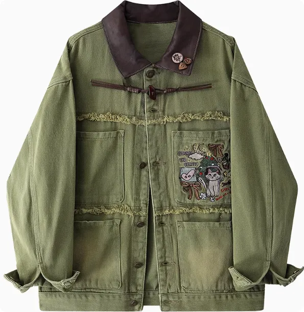Original Children's Fun Embroidered Brushed Denim Jacket For Autumn Green - Shop at LoveMi