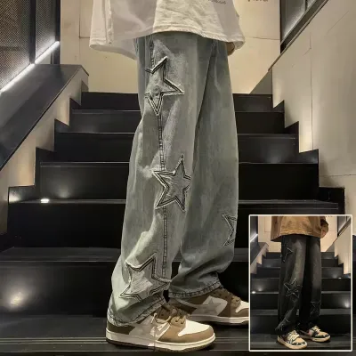 Star Embroidery Straight Casual Men Jeans Gothic Neutral New Wide Leg Loose Hip-hop Fashion Youth Streetwear Denim Trousers Y2K