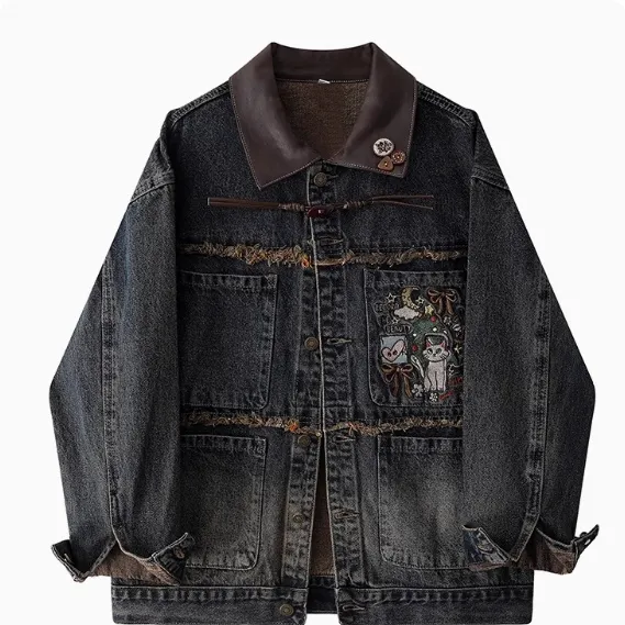 Original Children's Fun Embroidered Brushed Denim Jacket For Autumn Black - Shop at LoveMi