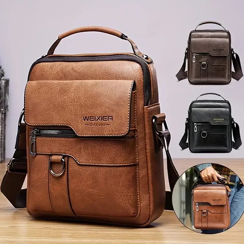 Popular Men's Messenger Bag One Shoulder Retro Business Backpack PU Leather Flaps Crossbody Bags Business Flap Male Solid Travel Bag - CJdropshipping