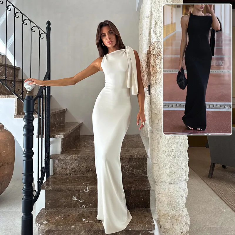 One-shoulder Ribbon Long Dress Fashion Slim Sleeveless Dresses