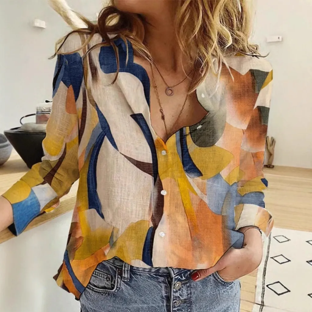 Loose Digital Printing Lantern Long Sleeve Shirt For Women - 60909 Mixed Color-Xl