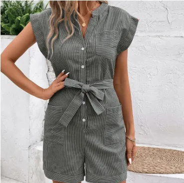Hot Summer Leisure Commute Jumpsuit Pinstripe Short Sleeve One piece Shorts Black - Shop at LoveMi