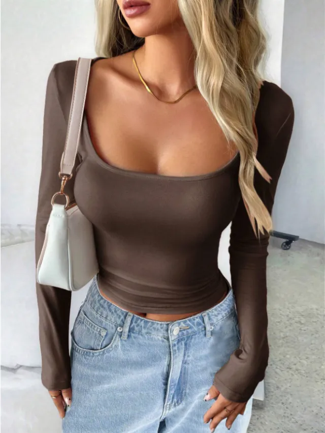 Ladies' Summer Knitted Square Neck Waist Cinching Sexy Y2K Base T Shirt Brown - Shop at LoveMi