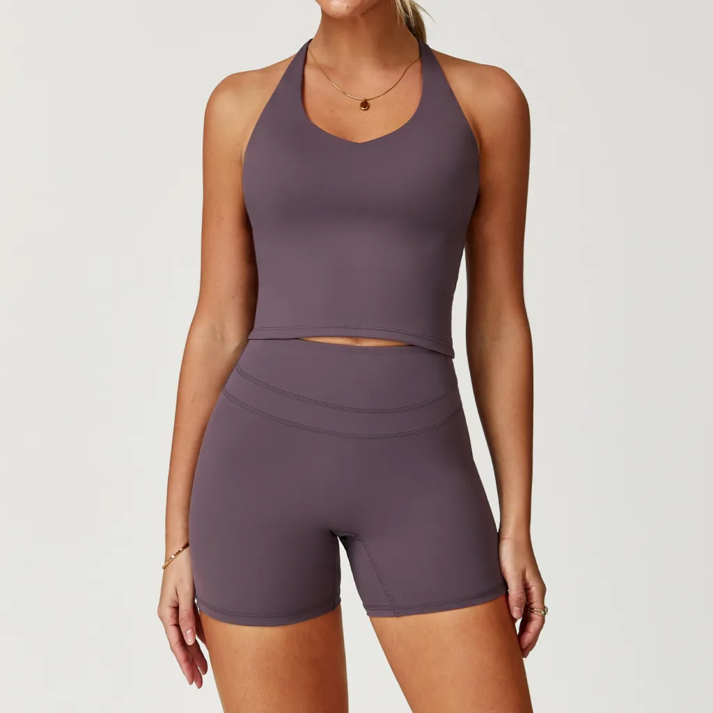 Brushed Tight Back Yoga Suit Stretch High Waist Workout Clothes - Eggplant Purple