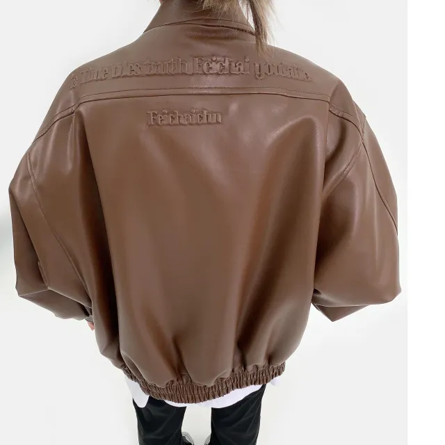 Troniche Steel Stamp PU Leather Motorcycle Jacket For Women Brown - Shop at LoveMi