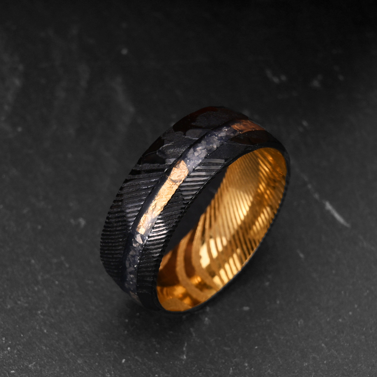 8mm Electroplated Two-color Damascus Steel Ring For Men
