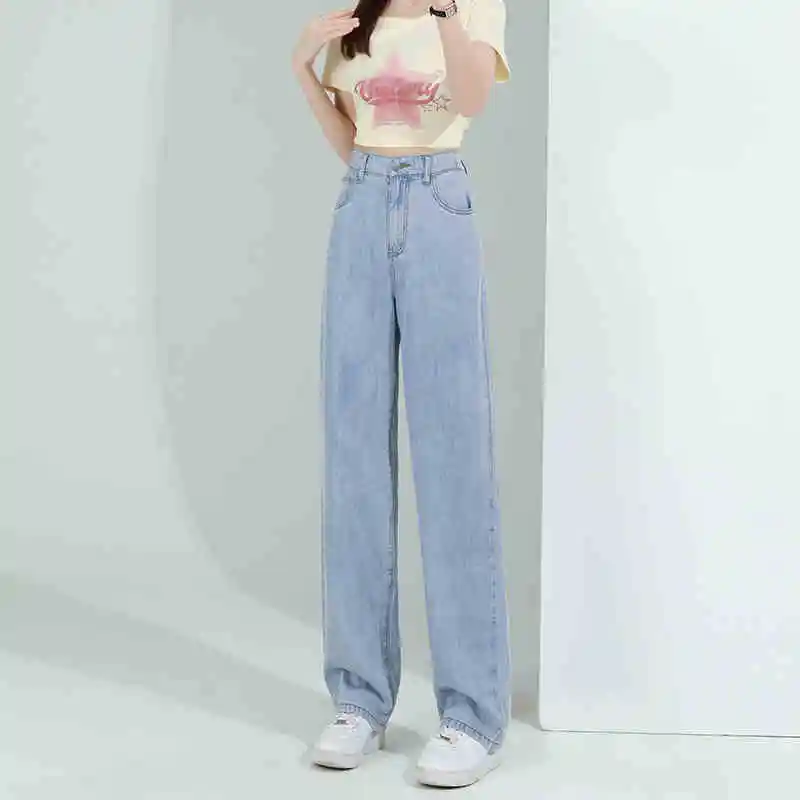 Elastic Waist Lyocell Jeans Women - Light Blue Trousers