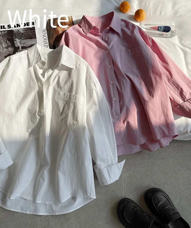 Korean Style Sense Of Design Lapel Long Sleeve Shirt - White