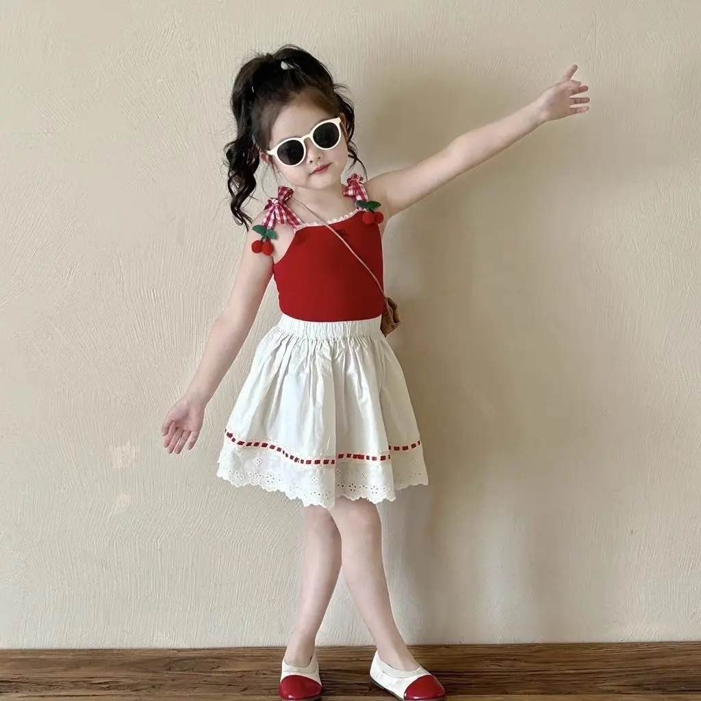 Girl's Strap Skirt Lace Two-piece Overskirt Suit