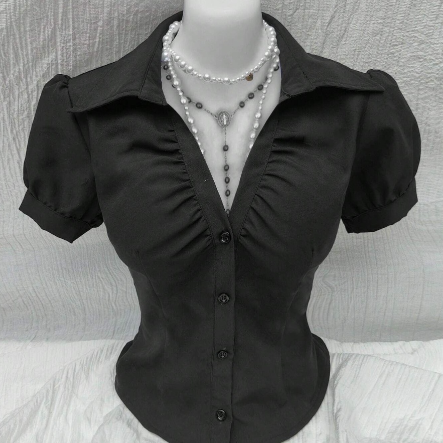 V-neck Pleated Sexy Women's Slim-fit Short-sleeved Shirt