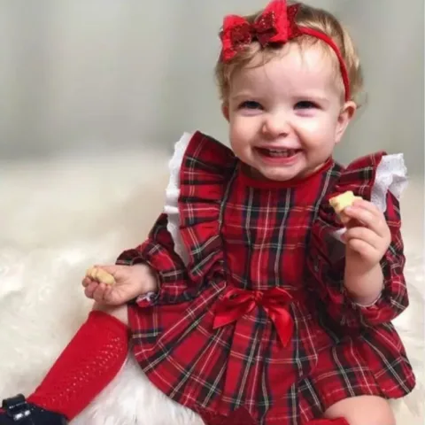 Cute Bow Girl Baby Lace Trim Red Plaid Small