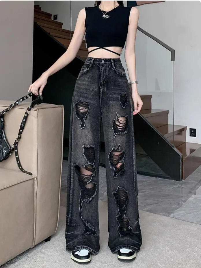 Retro Tattered Jeans High Waist Straight-leg Shorts - Black