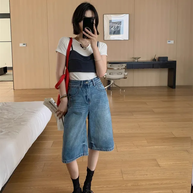 Retro High Waist Denim Water Blue Fifth Wide leg Pants Blue - Shop at LoveMi