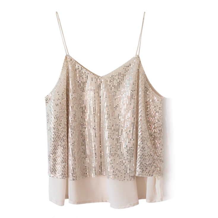 European And American Style Design Sense Niche Nightclub V-neck Glitter Heavy Industry Small Sling