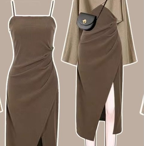 Autumn And Winter Suit Women's Sweater Dress Two piece Set Suspender Skirt Brown - Shop at LoveMi