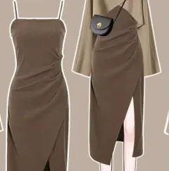 Autumn And Winter Suit Women's Sweater Dress Two-piece Set - Suspender Skirt Brown - View 1