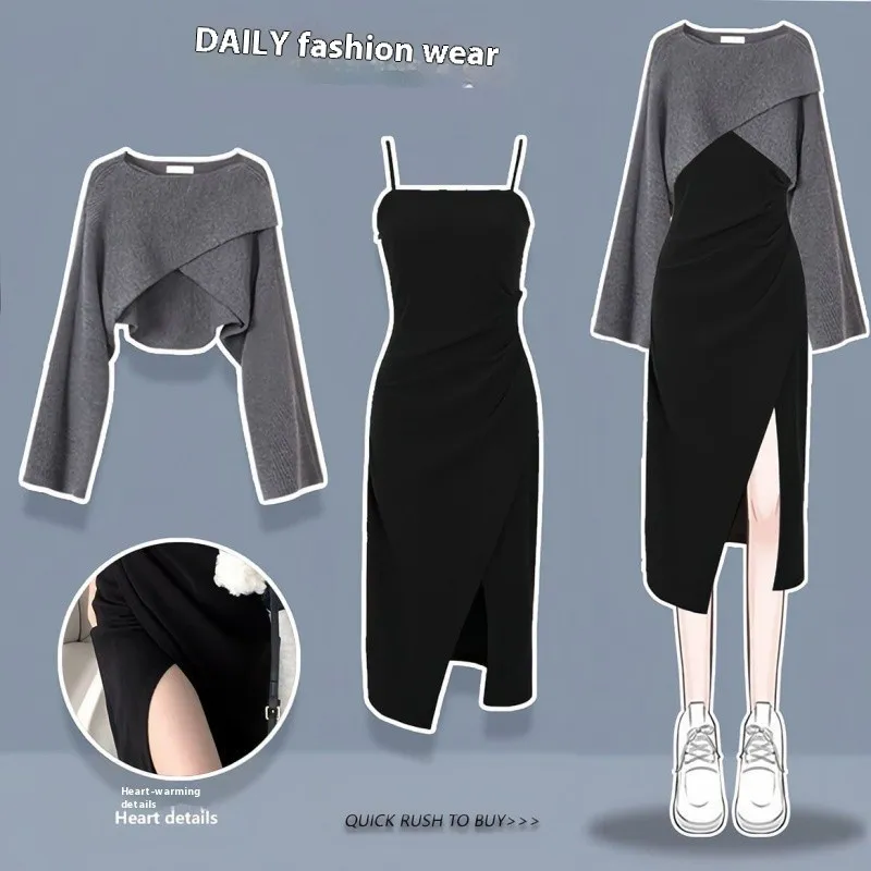 Autumn And Winter Suit Women's Sweater Dress Two-piece Set - Black Suit