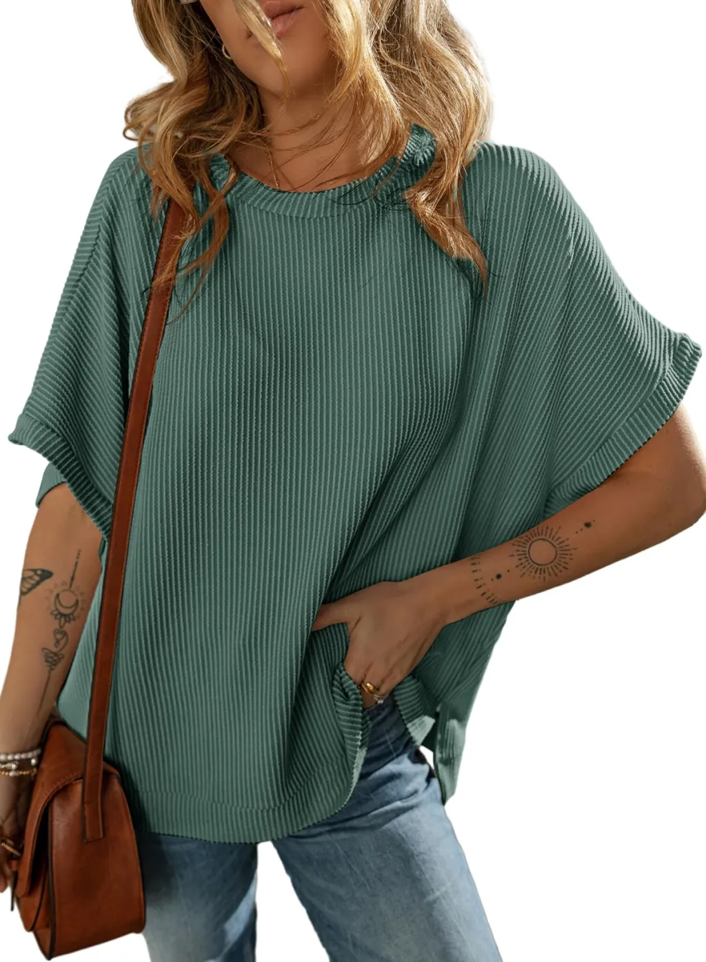 Women's Solid Color Knitted T-shirt Loose Casual Pullover - Style 2-M