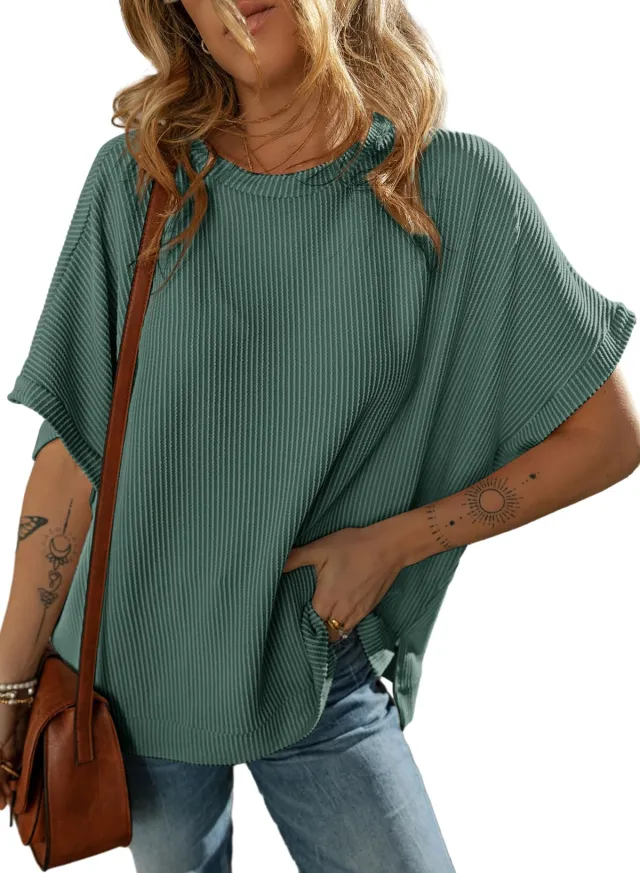 Women's Solid Color Knitted T shirt Loose Casual Pullover Style 2 M - Shop at LoveMi