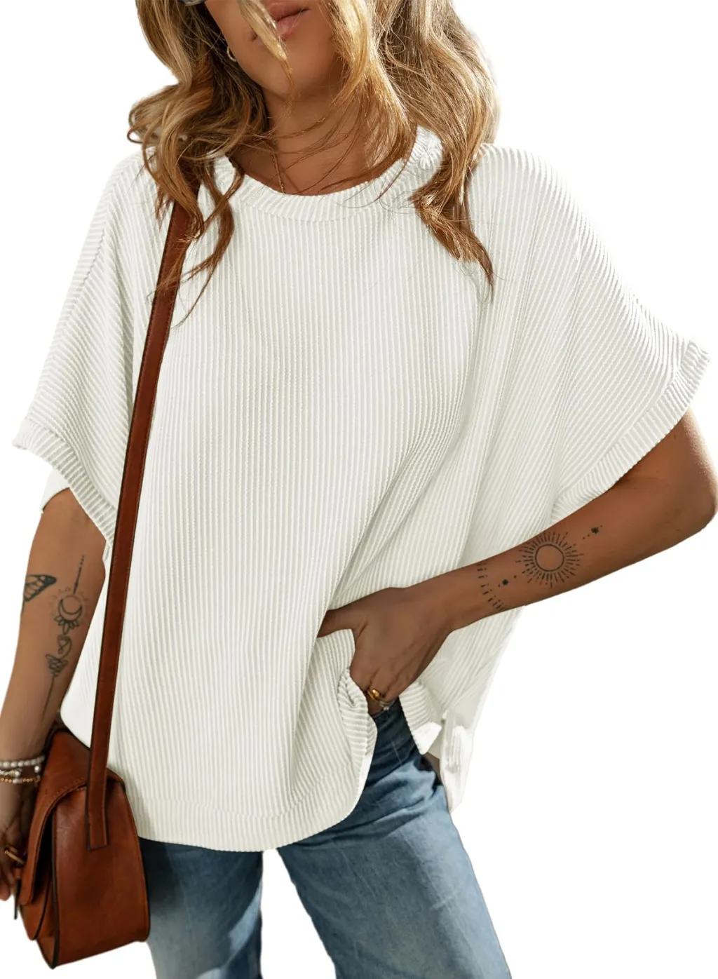 Women's Solid Color Knitted T-shirt Loose Casual Pullover - Style 9-L