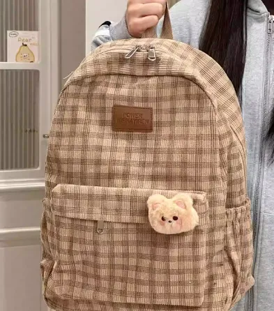 Japanese Ins Campus Retro Checked Backpack Khaki - Shop at LoveMi