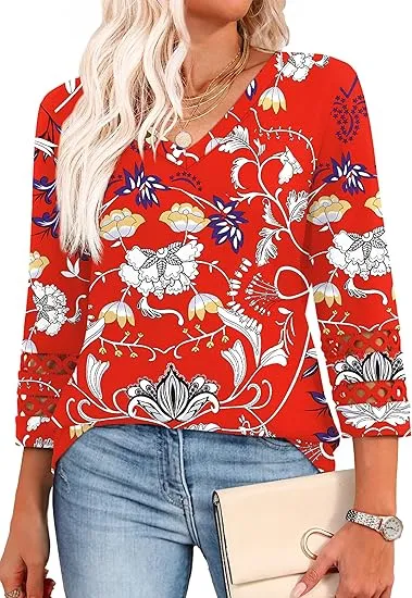 Solid Color Loose V-neck 34 Sleeves Women - Floral