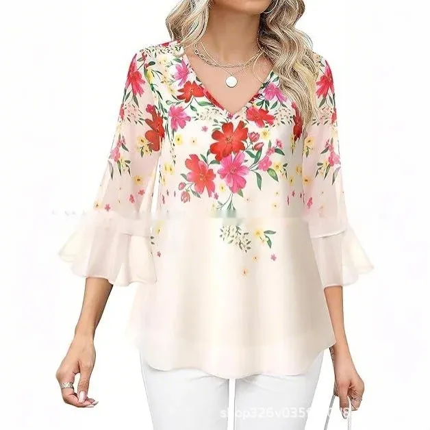Women's Fashion Casual Top Pleated 34 Sleeve V 0098Style - Shop at LoveMi