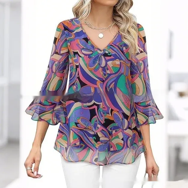 Women's Fashion Casual Top Pleated 34 Sleeve V 0094Style - Shop at LoveMi