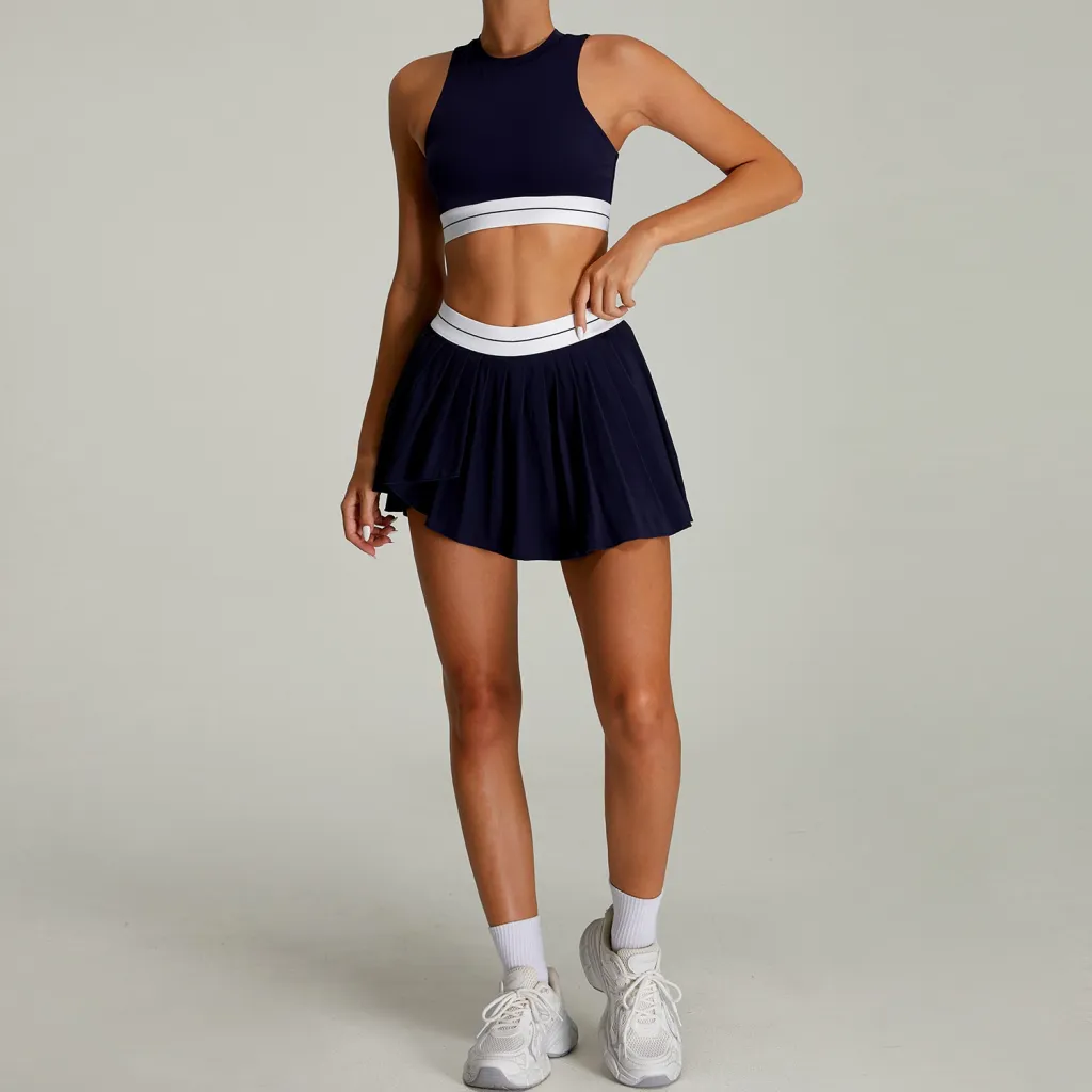 Women's Outdoor Sports Tennis Suit Suit Women's Tight Quick-drying Pleated Skirt - Noble Blue