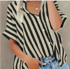Summer New Women's Short-sleeved Shirt Cotton And Linen Stripes Loose - Black - View 1