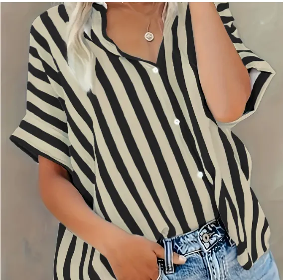 Summer New Women's Short sleeved Shirt Cotton And Linen Stripes Loose Black - Shop at LoveMi