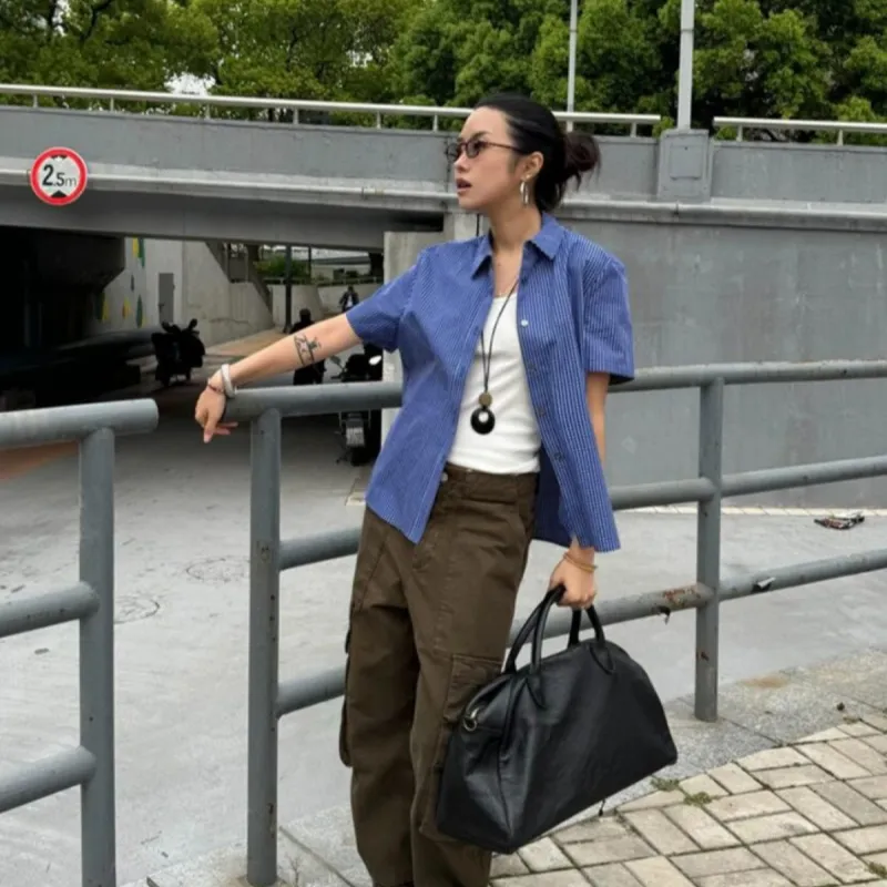 Blue Short Sleeve Plaid Shirt Female Summer Retro Loose Casual - Blue