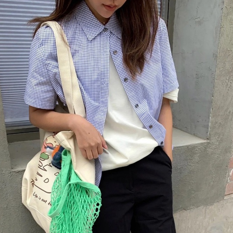 Blue Short Sleeve Plaid Shirt Female Summer Retro Loose Casual