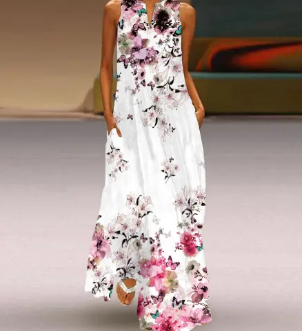 New Women's Sleeveless V-neck Vintage Printed Dress