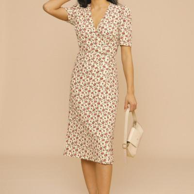 Summer New Women's V-Neck Breasted Lace-Up Waist Slimming Mid-Length Dress