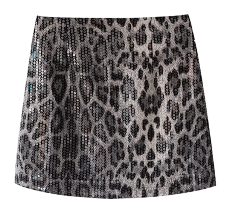 Leopard Print Skirt A- Line Skirt Heavy Industry Glitter - Grey