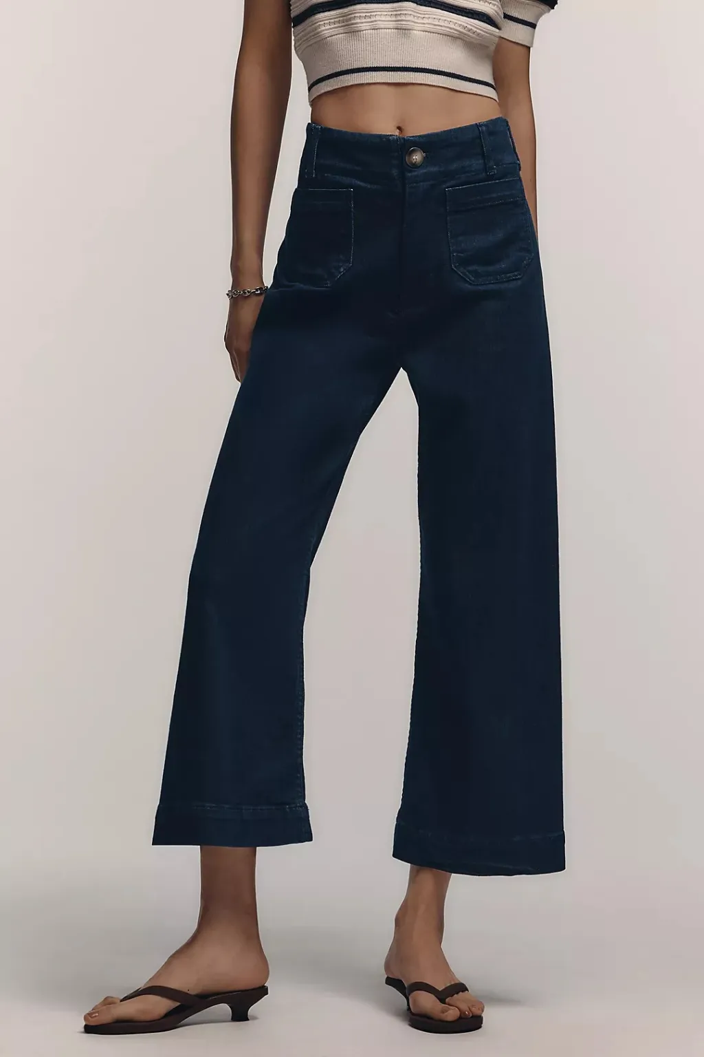 Casual Pants Straight High Waist Wide Leg Cropped Women's Pants - Denim Dark