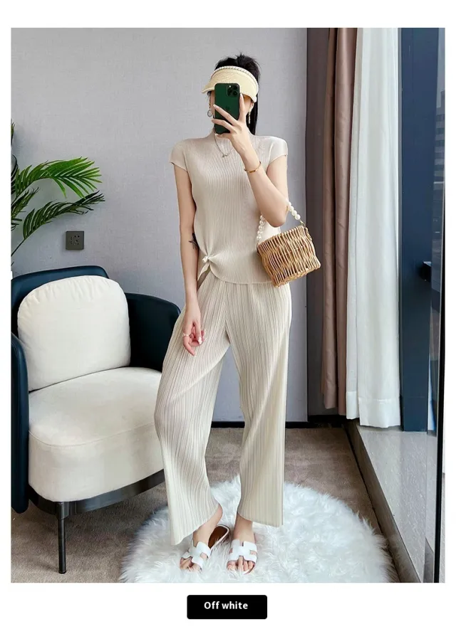 Pleated Summer Clothes Two piece Suit Top Wide Leg Pants Suit Women Beige - Shop at LoveMi
