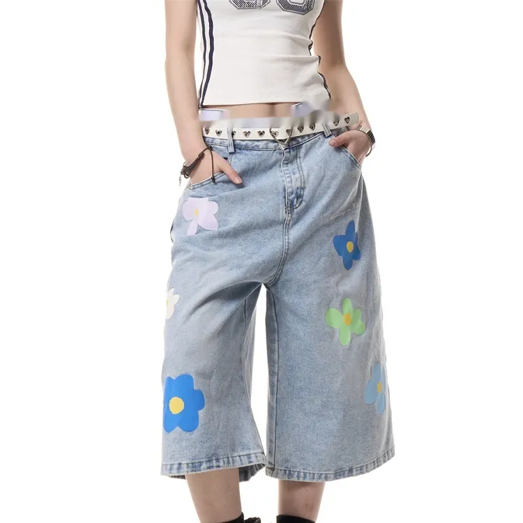 American Vintage Small Flower Loose Straight-leg Denim Cropped Pants For Women - Blue
