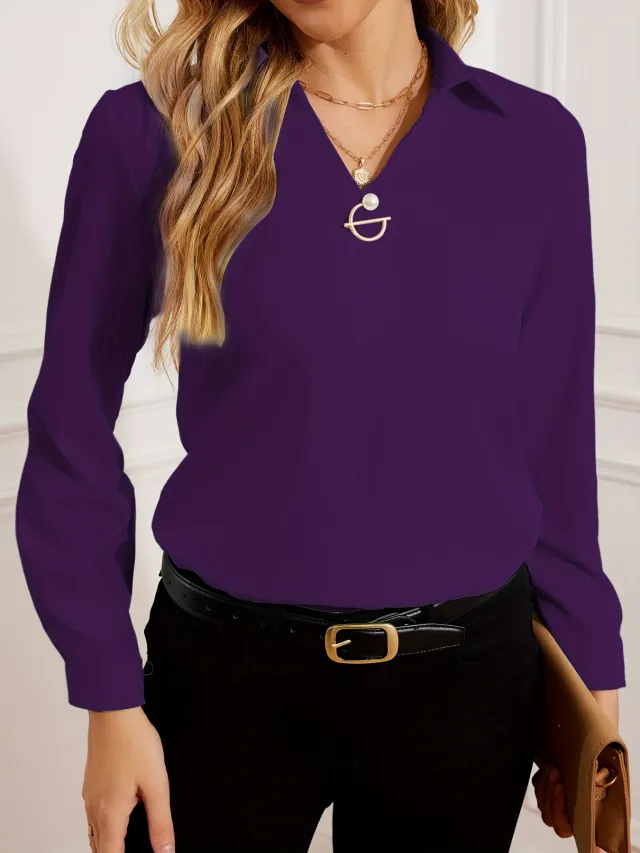 Commuter V neck Long sleeved Shirts Ins Fashion Solid Color Pullover Top Autumn And Spring Women's Clothing Purple - Shop at LoveMi