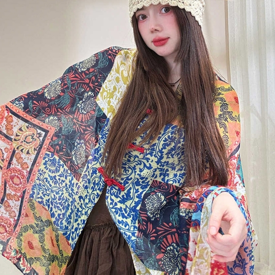 Ethnic Style Sunscreen Shawl Thin Retro Buckle Cloak