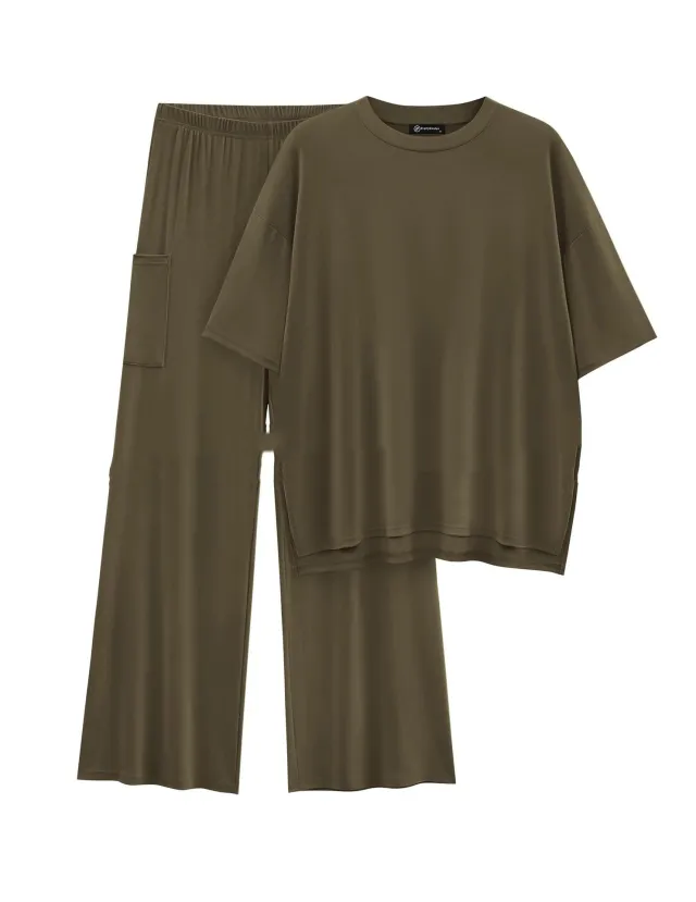 Casual Short Sleeve Pullover Top Wide Leg Pants Casual Suit Army Green - Shop at LoveMi