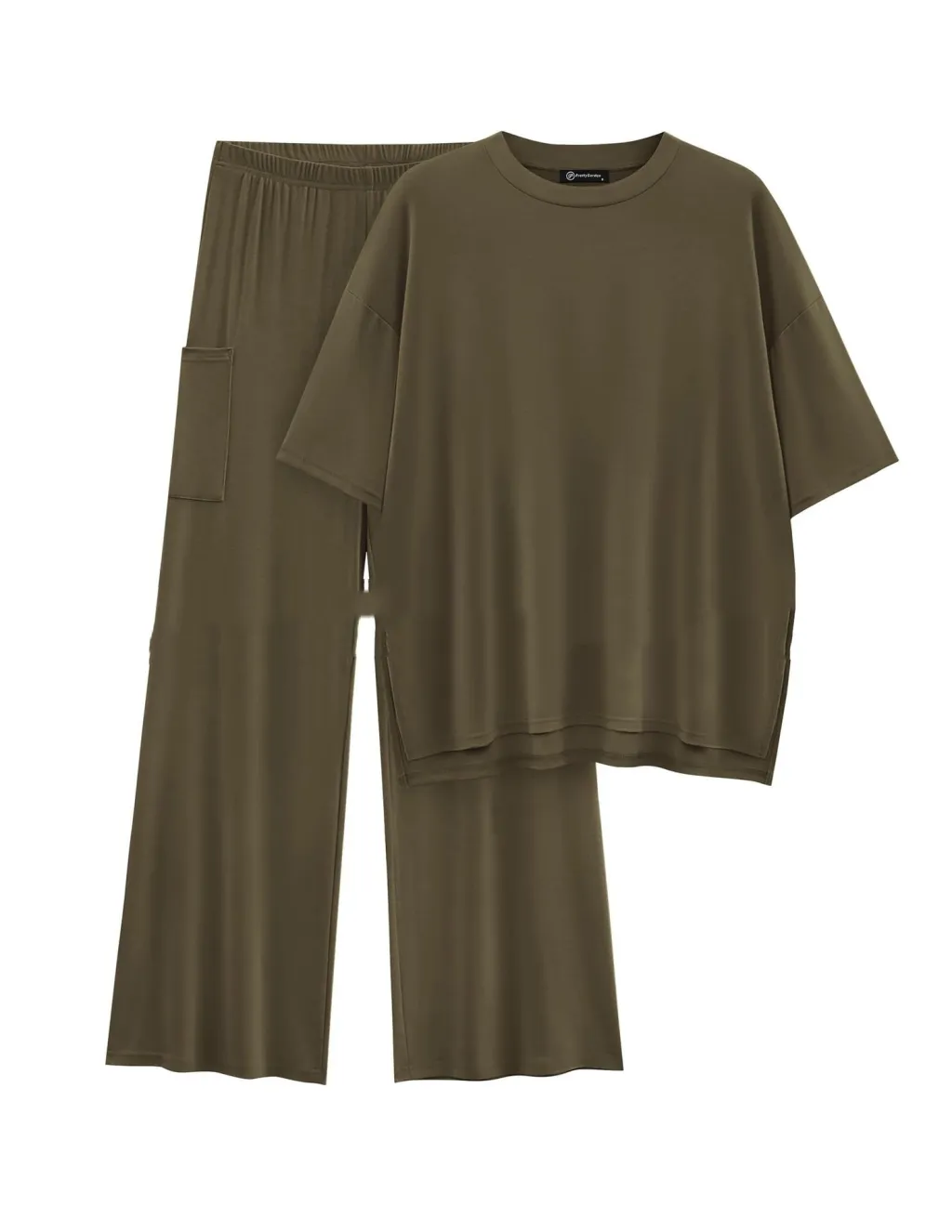Casual Short Sleeve Pullover Top Wide Leg Pants Casual Suit - Army Green