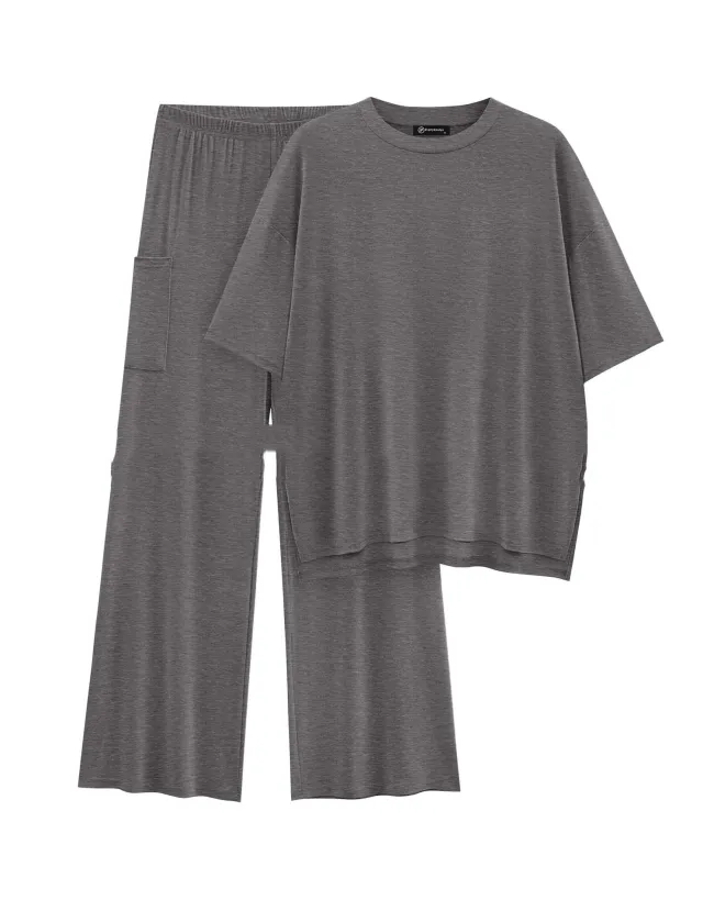 Casual Short Sleeve Pullover Top Wide Leg Pants Casual Suit Dark Gray - Shop at LoveMi
