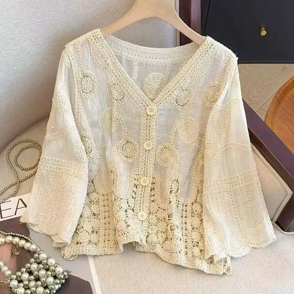 French Crochet Hollowed out V neck Lace Sweater Apricot - Shop at LoveMi