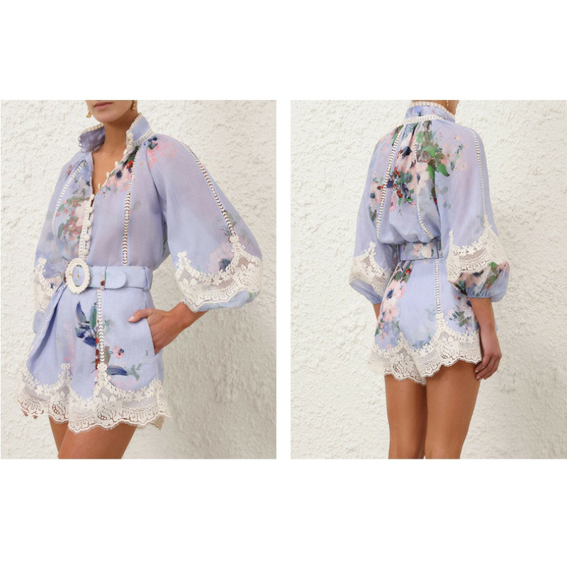 Lace Stitching Single-breasted Shirt Wide Leg Short Two-piece Suit Women