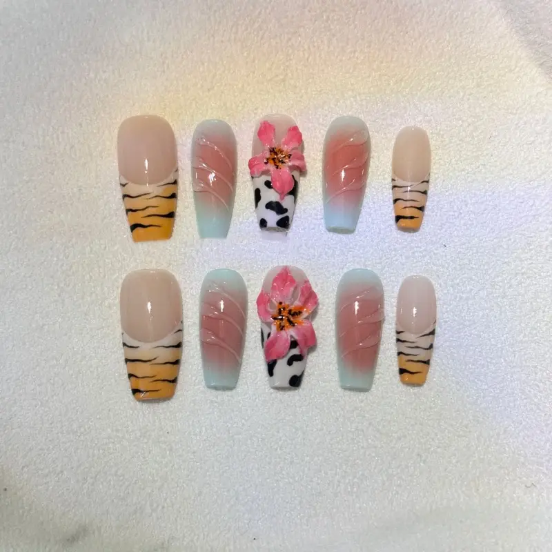 Summer Atmosphere Hand-painted Zebra Pattern Lily Carved Nail Art