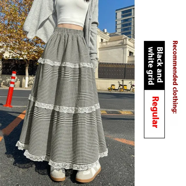High Waist Slimming A Line Large Skirt Half length Black And White Plaid Regular - Shop at LoveMi